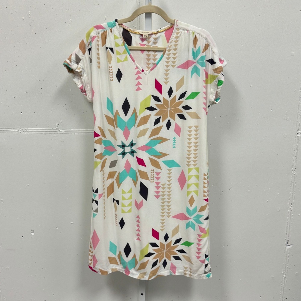 White Stuff Aztec Geometric Starburst V-Neck Shift Mini Dress Multi Sz 8 Boho